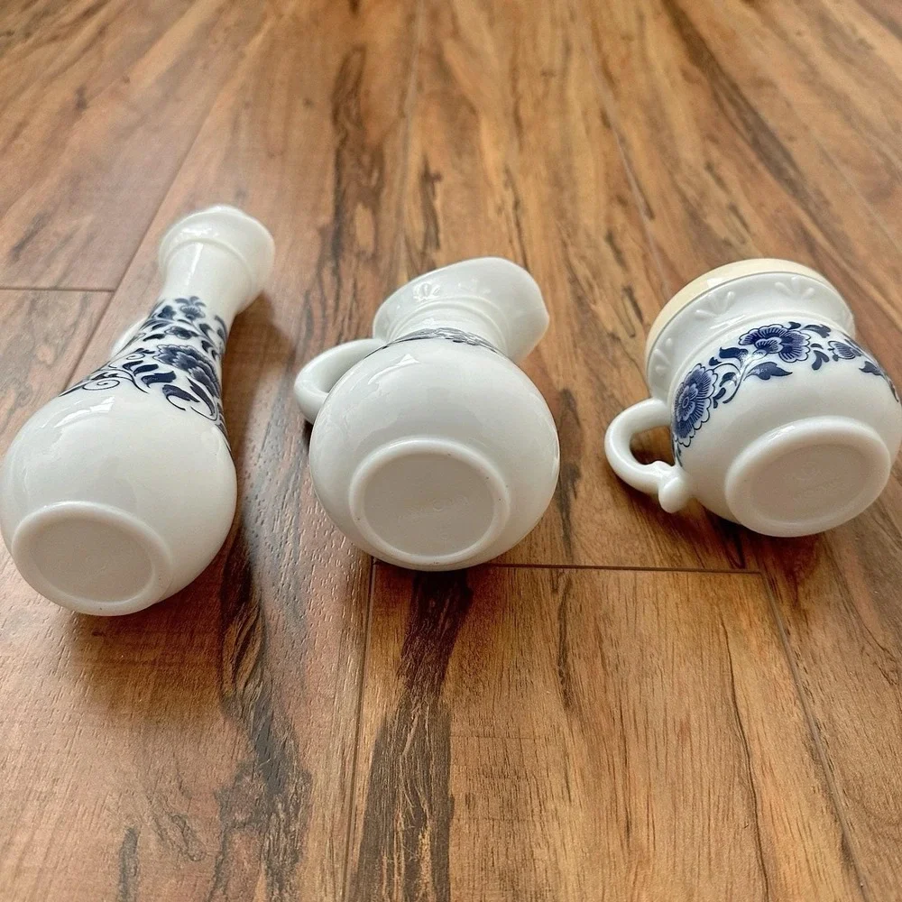Vintage Avon Blue Floral White Glass 3‎ Pc Cruet Vanity Set w/ Stoppers